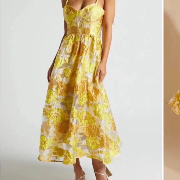 Showpo Yellow and Gold damask Floral Midi Dress - Picture 1 of 8